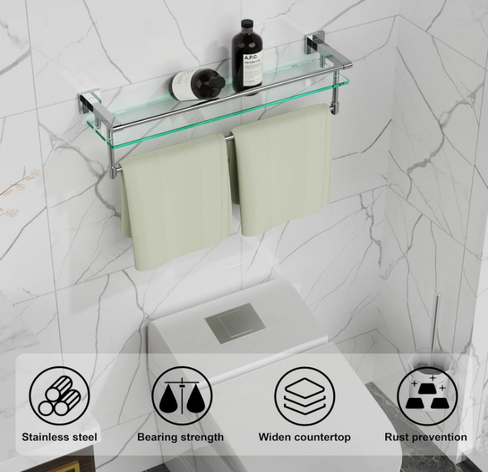 20 inch Bathroom Glass Shelf with Towel Bar/Towel Rack Wall Mounted Tempered Glass Shelf Storage Hotel Towel Storage Rack Sus304 Rustproof Stainless Steel Chrome Plated Finish