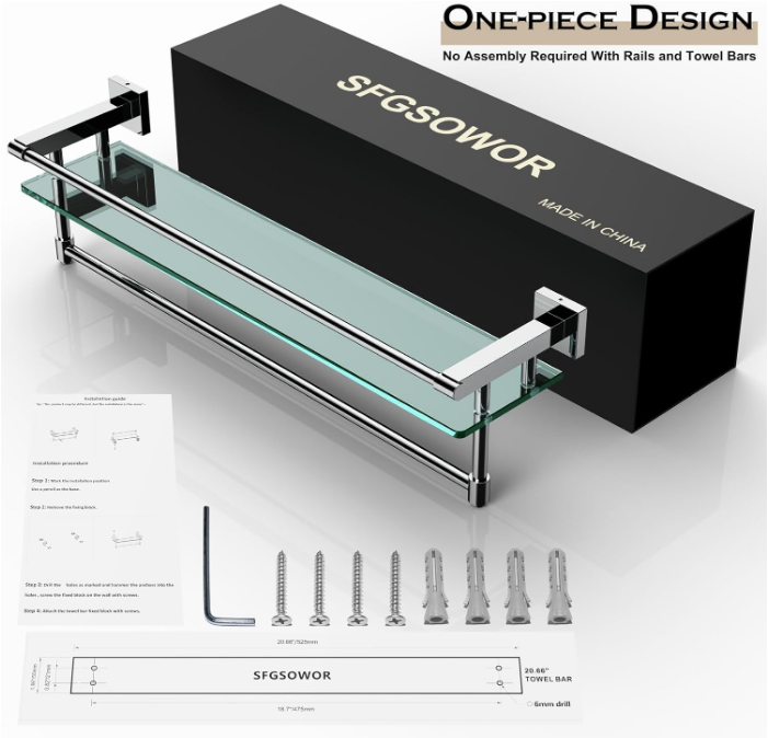 20 inch Bathroom Glass Shelf with Towel Bar/Towel Rack Wall Mounted Tempered Glass Shelf Storage Hotel Towel Storage Rack Sus304 Rustproof Stainless Steel Chrome Plated Finish