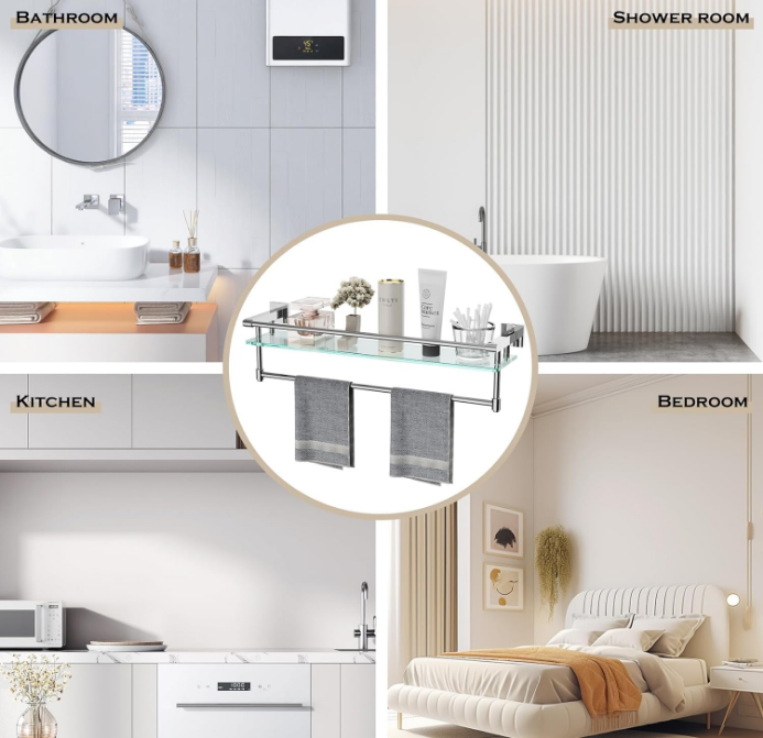 20 inch Bathroom Glass Shelf with Towel Bar/Towel Rack Wall Mounted Tempered Glass Shelf Storage Hotel Towel Storage Rack Sus304 Rustproof Stainless Steel Chrome Plated Finish