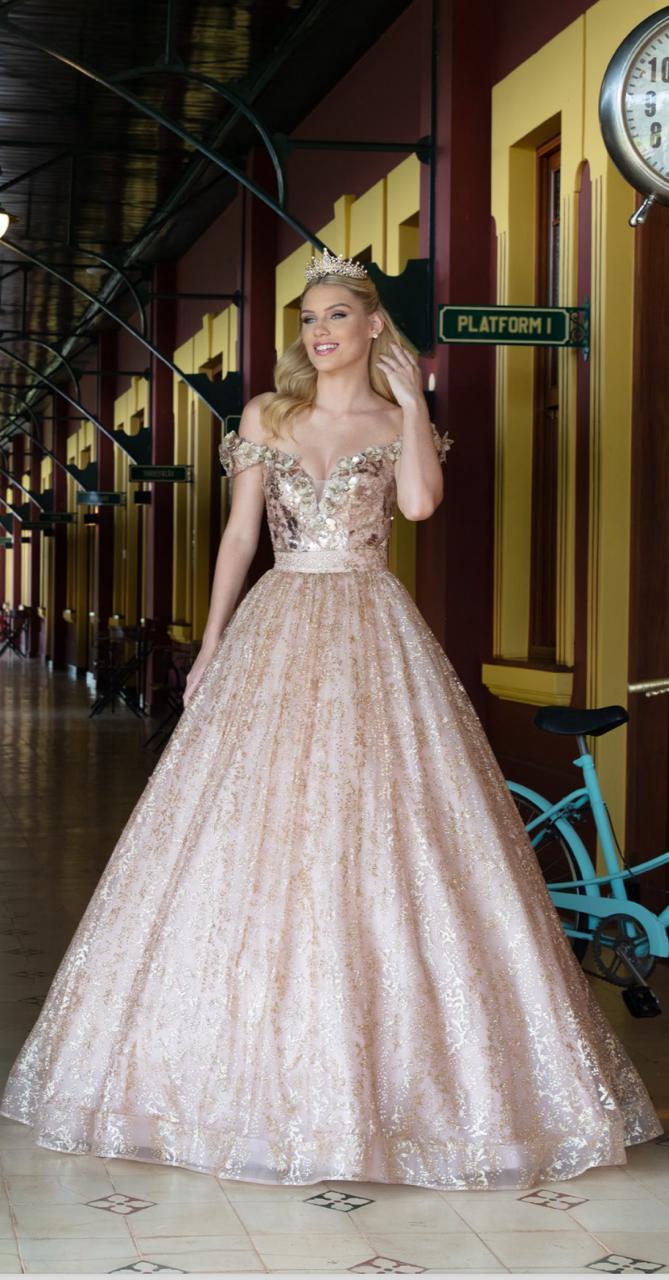 Vestido debutante curto e saia longa removível, (DOURADO).