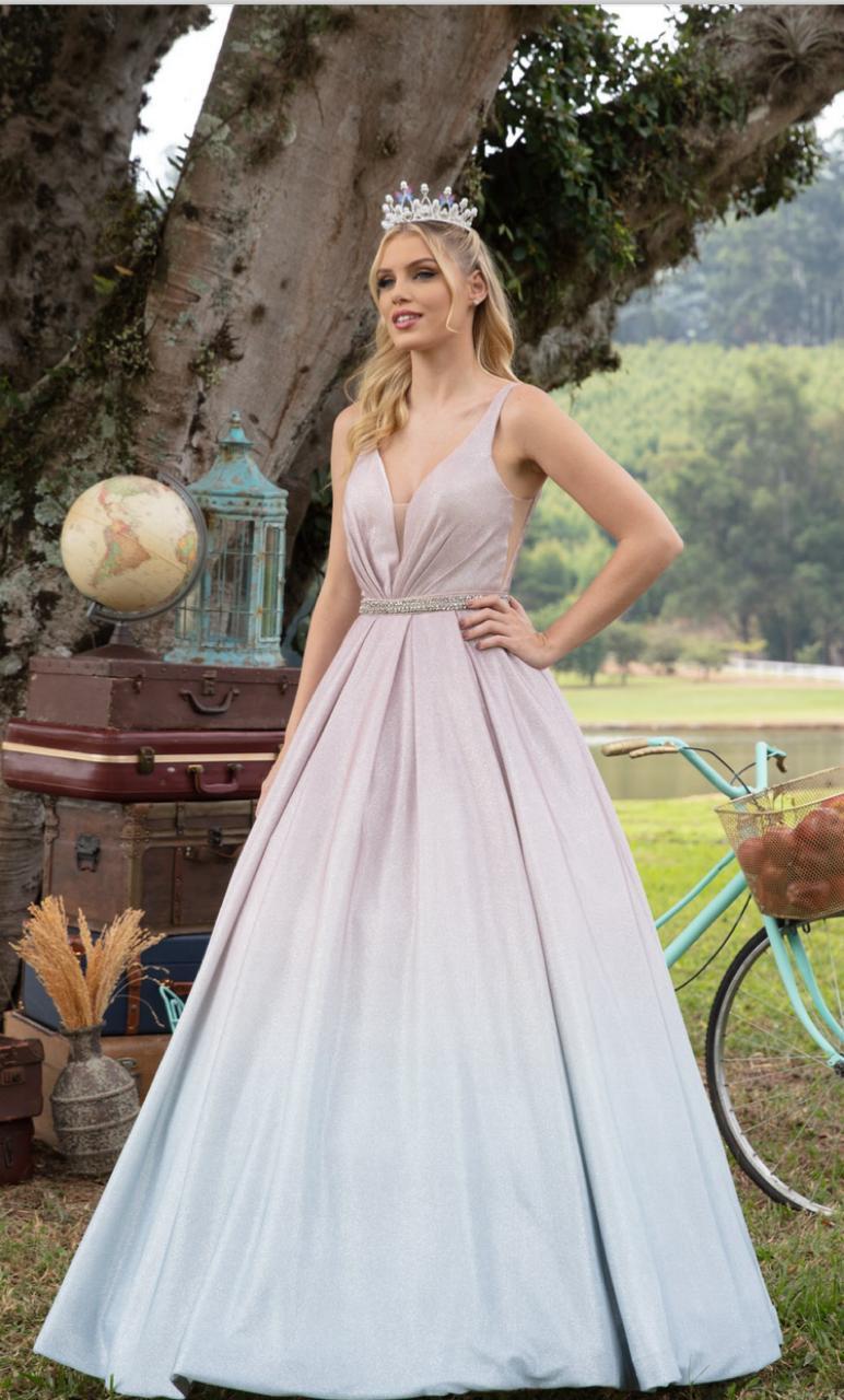 Vestido debutante curto e saia longa removível, (ROSA COM AZUL DÊGRADE),