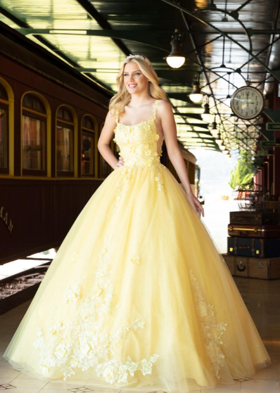 Vestido debutante curto e saia longa removível, (AMARELO).