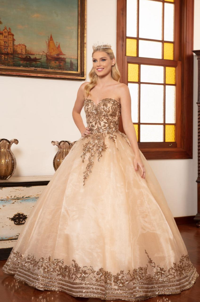 Vestido debutante curto e saia longa removível (DOURADO). 