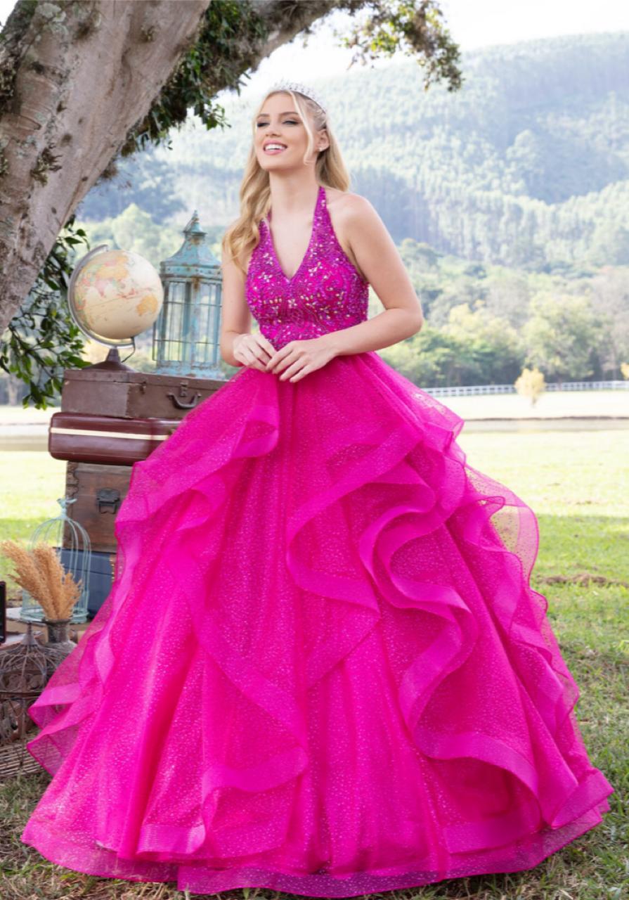 Vestido debutante curto e saia longa removível (FÚCSIA).