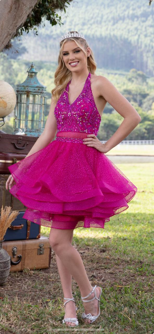 Vestido debutante curto e saia longa removível (FÚCSIA).