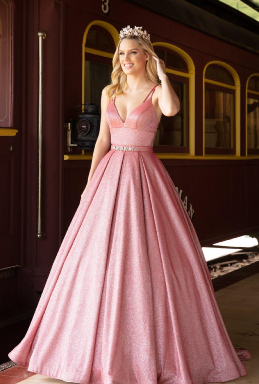 Vestido debutante curto e saia longa removível (GOIABA).