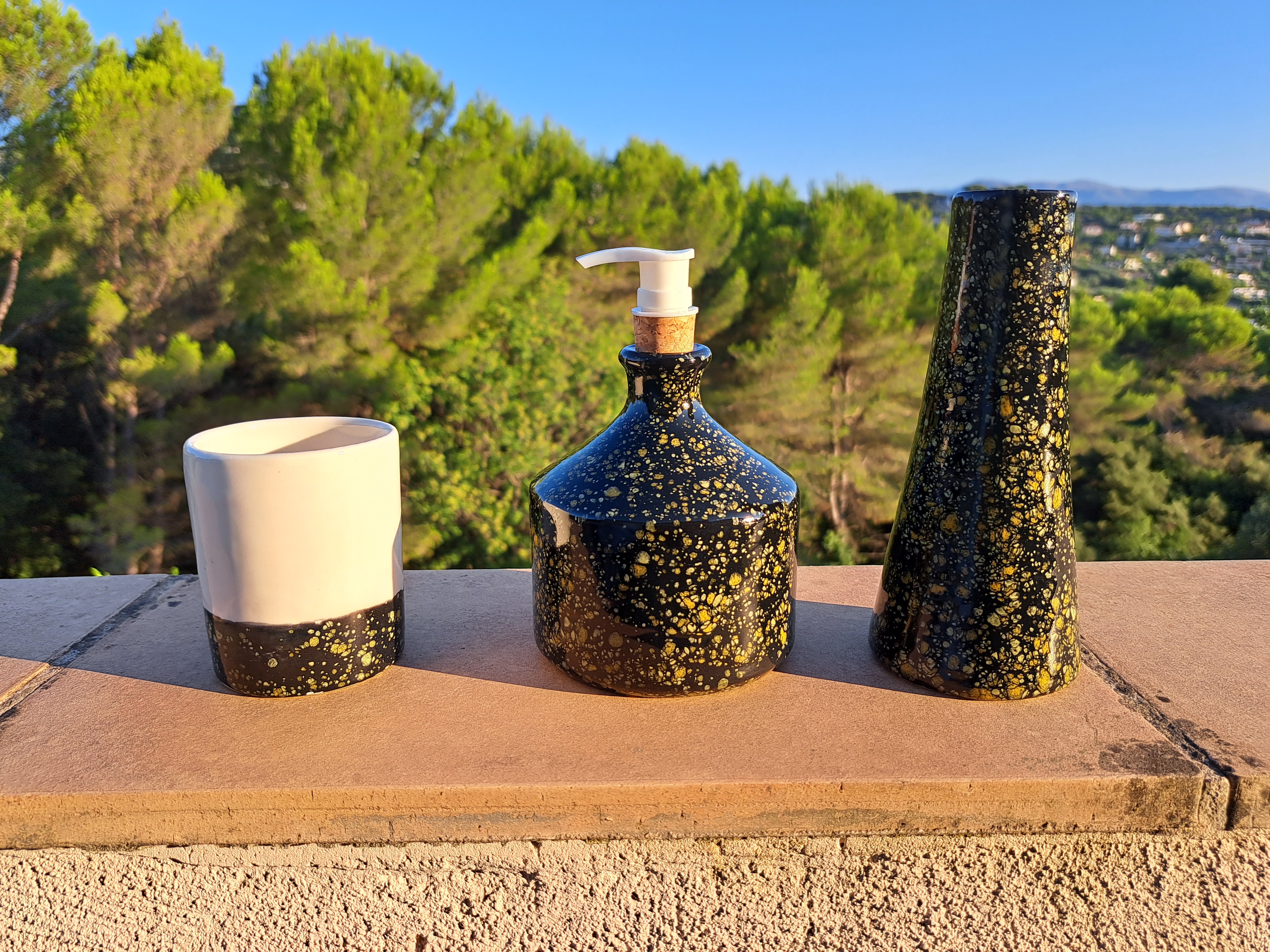 Ensemble 3 pièces: distributeur de savon + verre + vase - plusieurs couleurs