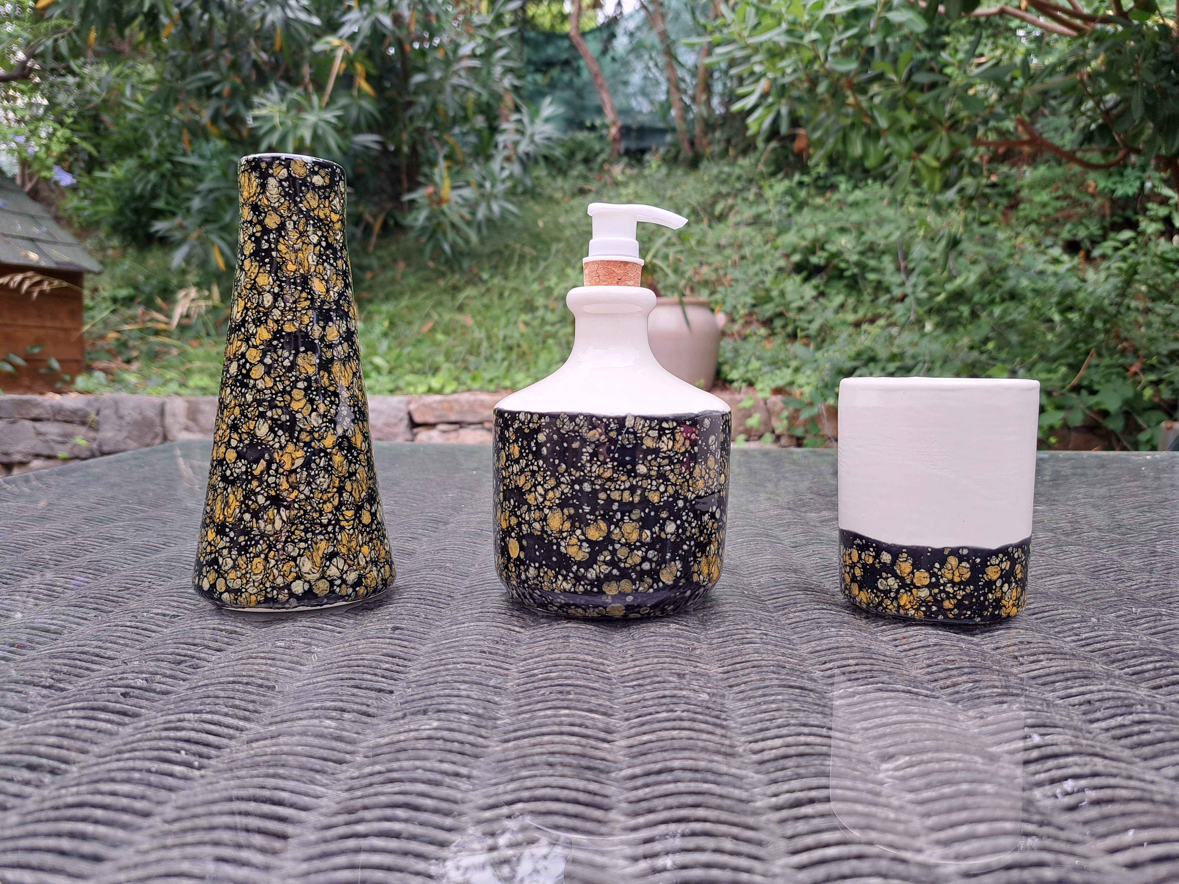 Ensemble 3 pièces: distributeur de savon + verre + vase - plusieurs couleurs