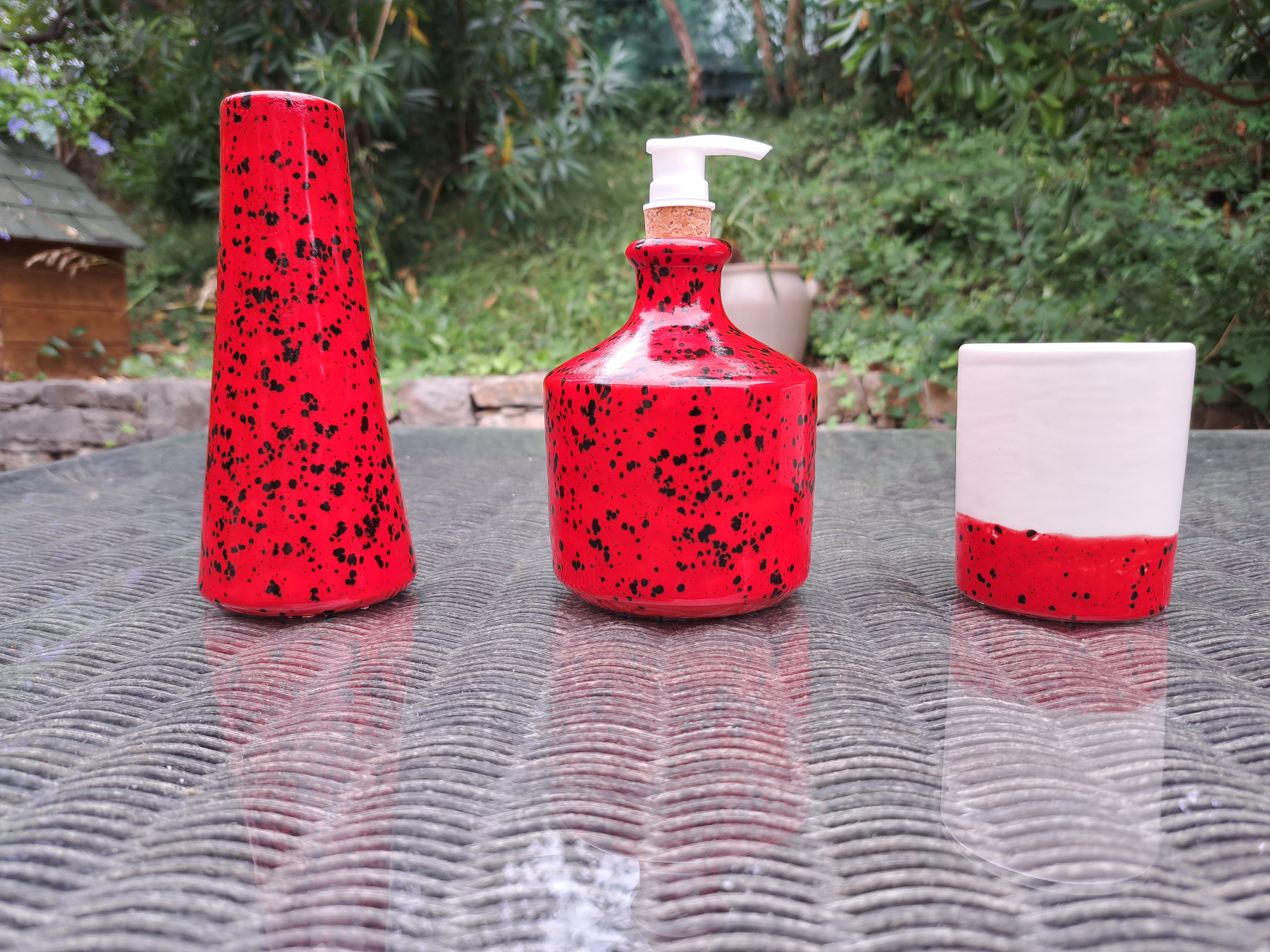 Ensemble 3 pièces: distributeur de savon + verre + vase - plusieurs couleurs