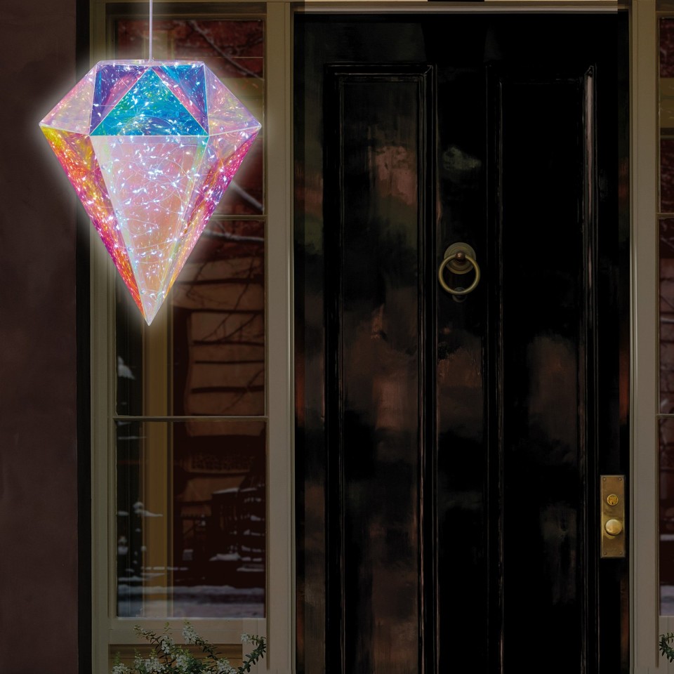 An Iridescent Hanging Diamond White LED Lights. Create A Visual Masterpiece In Your Home By Adding This Hanging Diamond To Your Festive Decor!