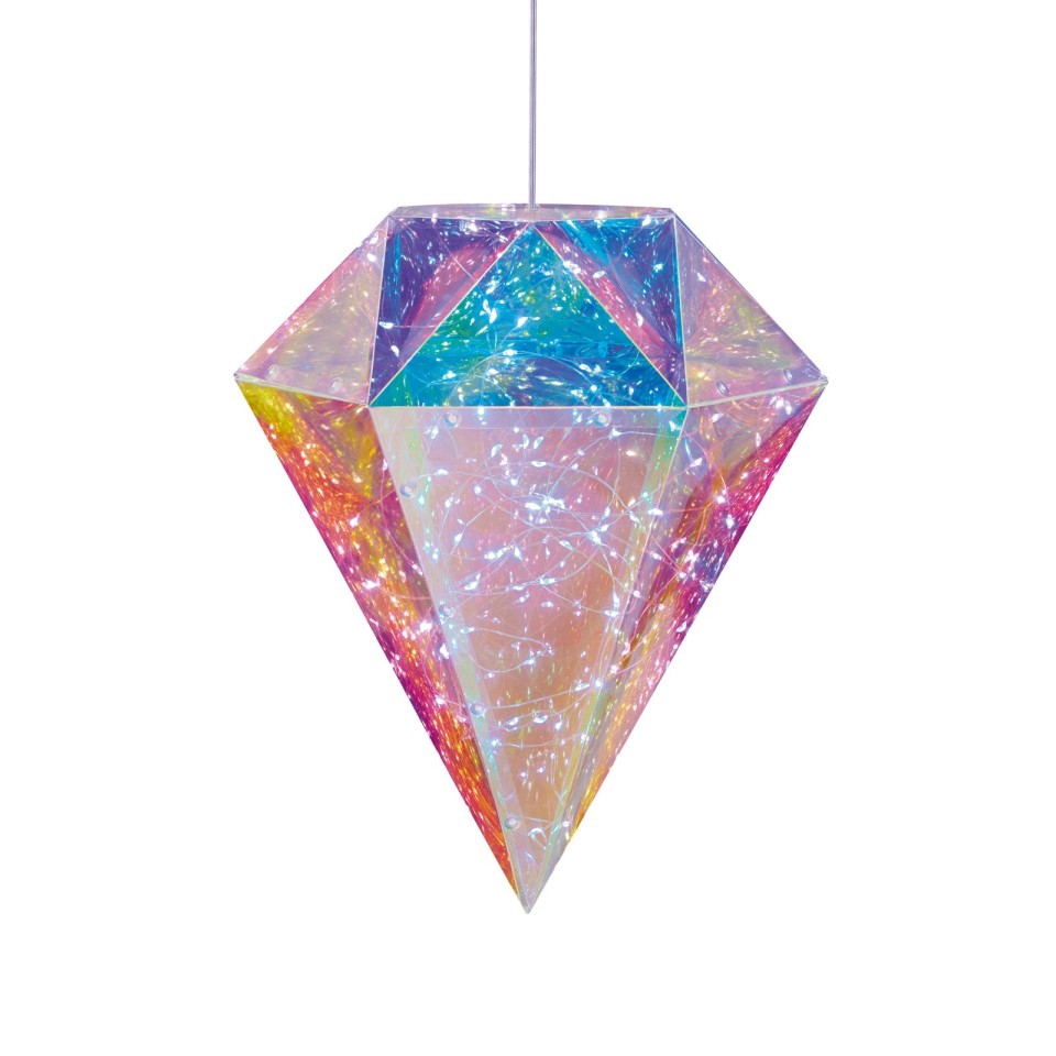 An Iridescent Hanging Diamond White LED Lights. Create A Visual Masterpiece In Your Home By Adding This Hanging Diamond To Your Festive Decor!