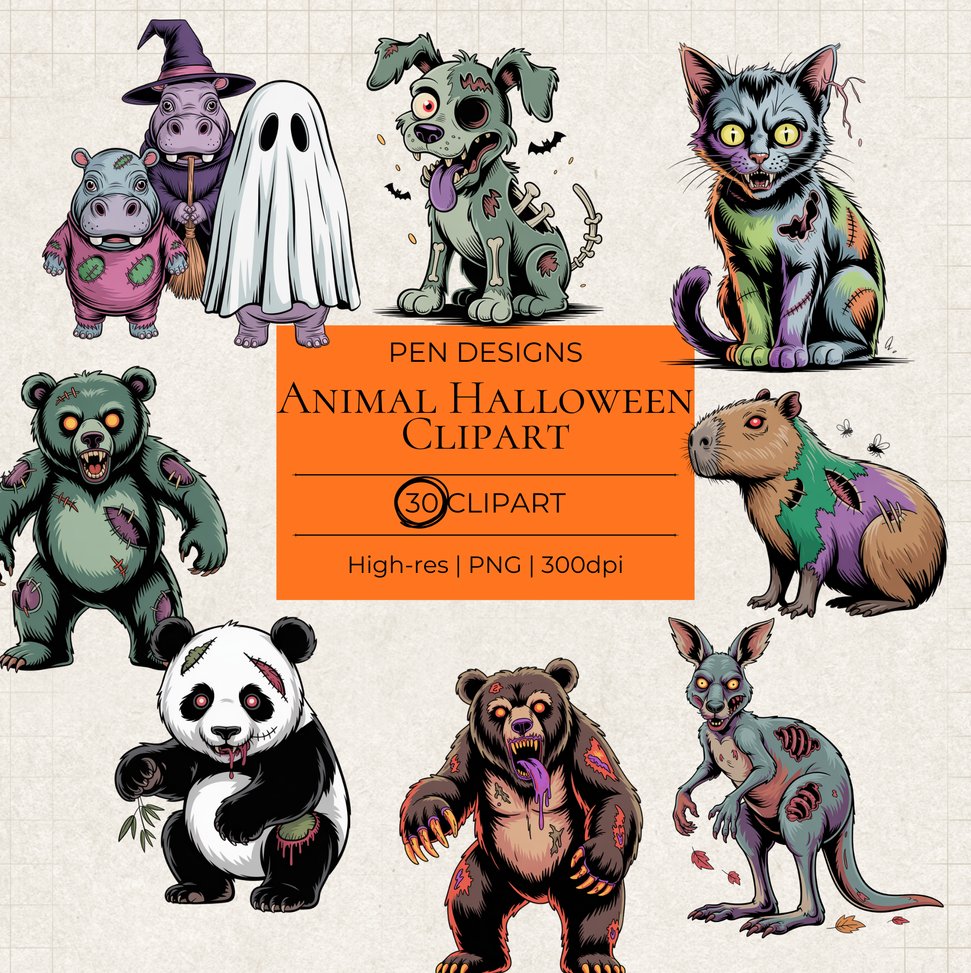 Halloween Animal Clipart Bundle – 30 High-Resolution Transparent PNGs (Commercial Use)