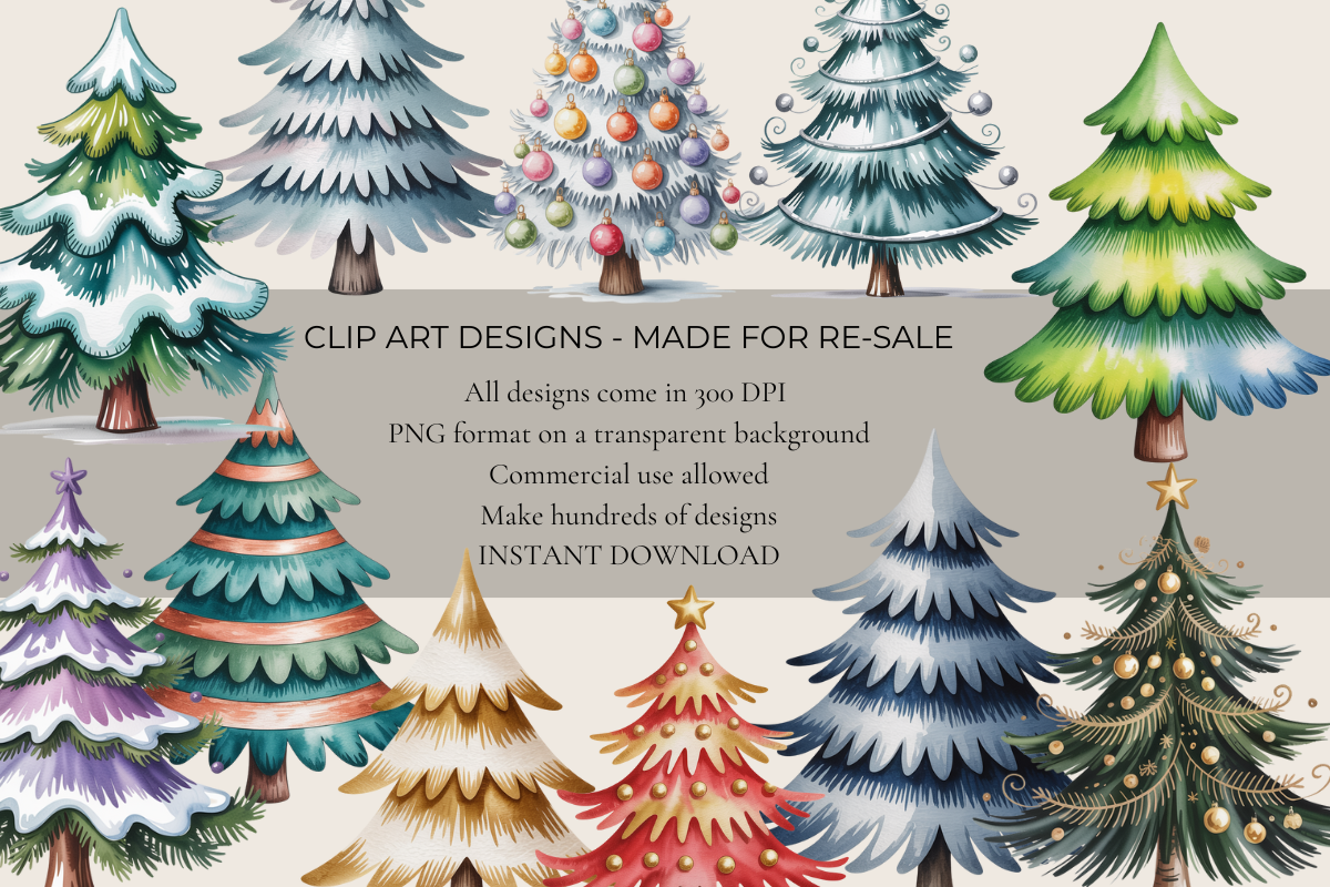 Watercolor Christmas Trees – 35 Clip Art PNGs
