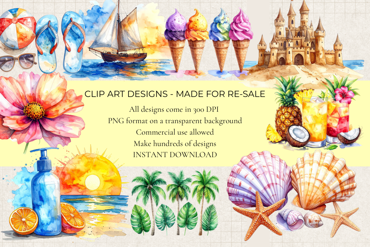 Summer Holiday – 25 Watercolor Clip Art PNGs