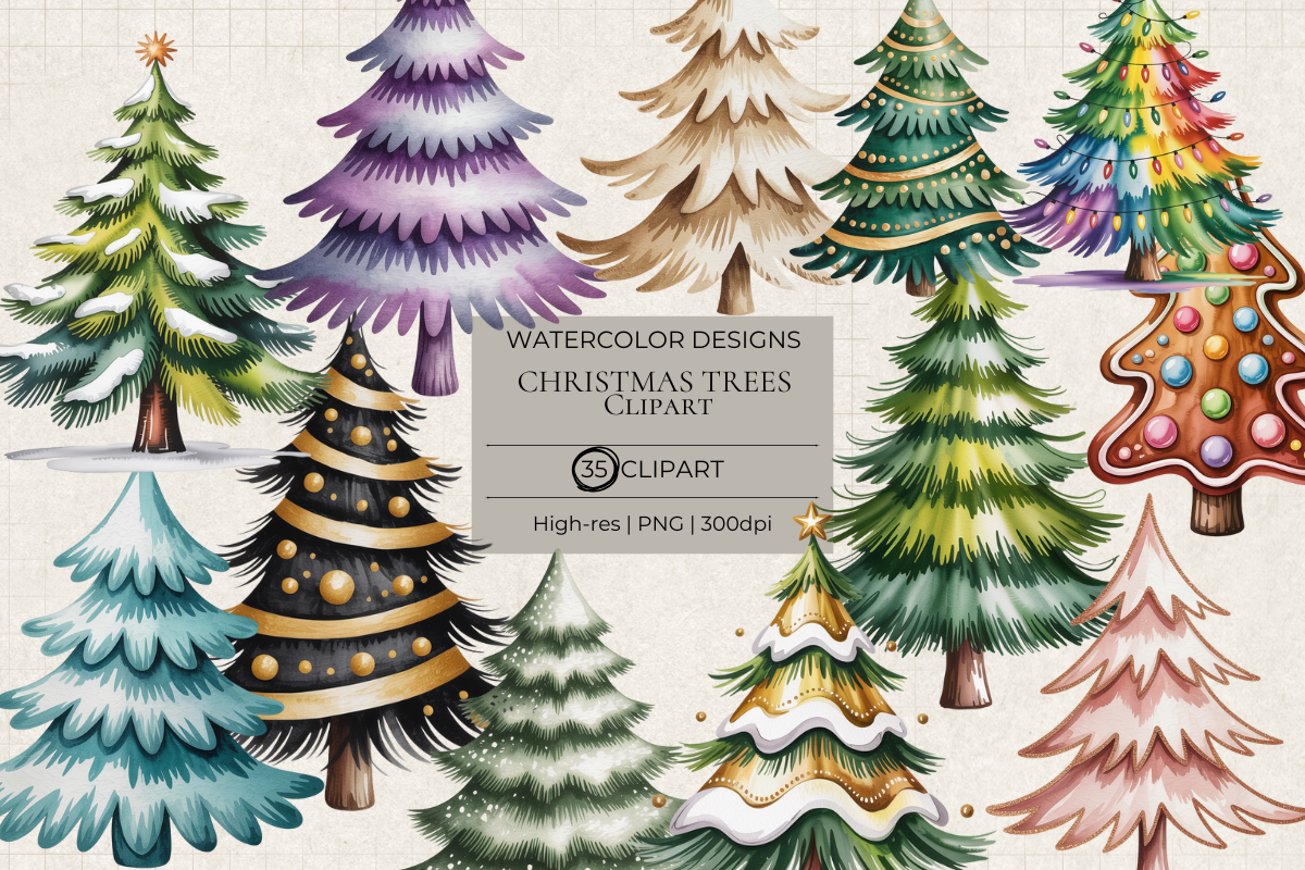 Watercolor Christmas Trees – 35 Clip Art PNGs