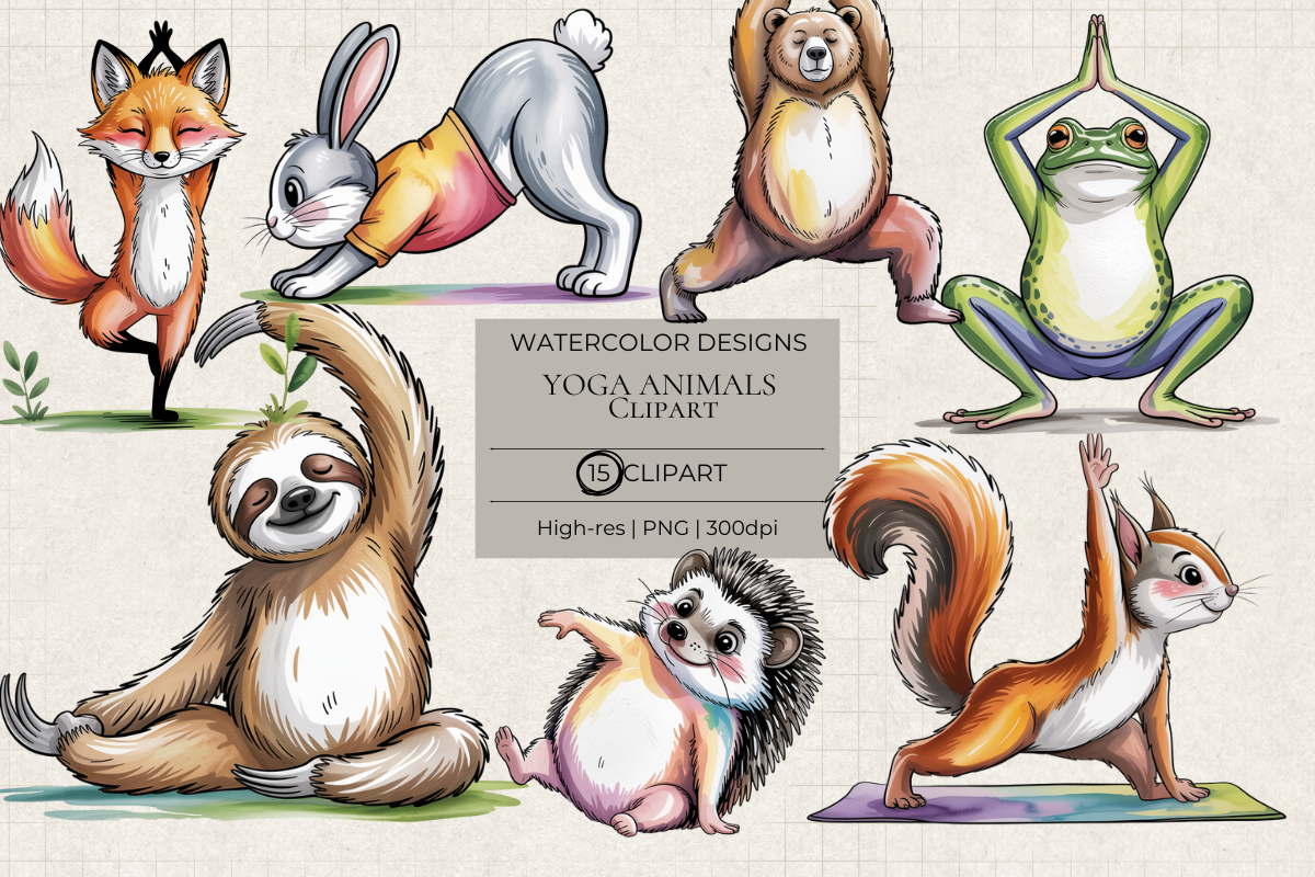Yoga Animals – 15 Watercolor Clip Art PNGs