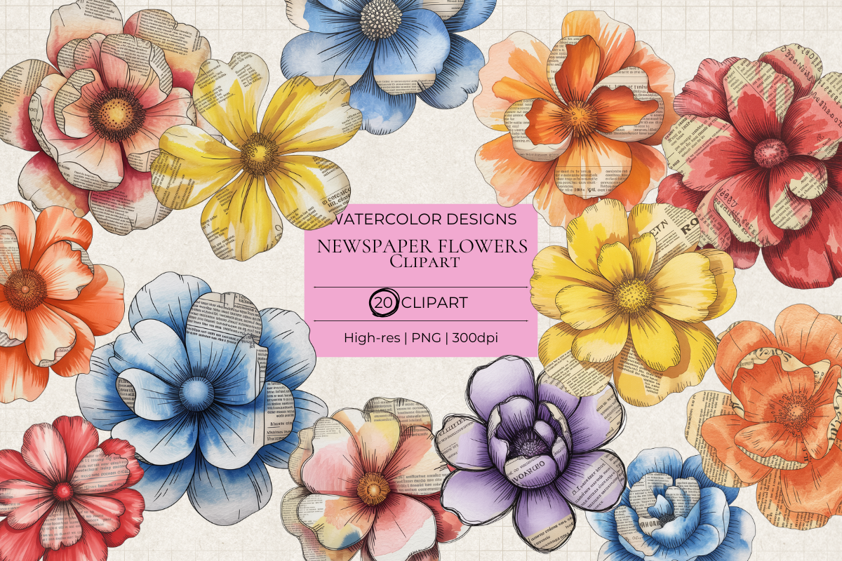 Mixed Media Newspaper Flowers – 20 Clip Art PNGs