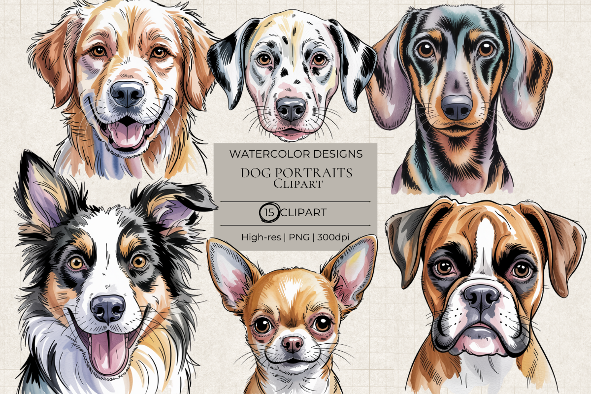 Watercolor Dog Portraits – 15 Clip Art PNGs
