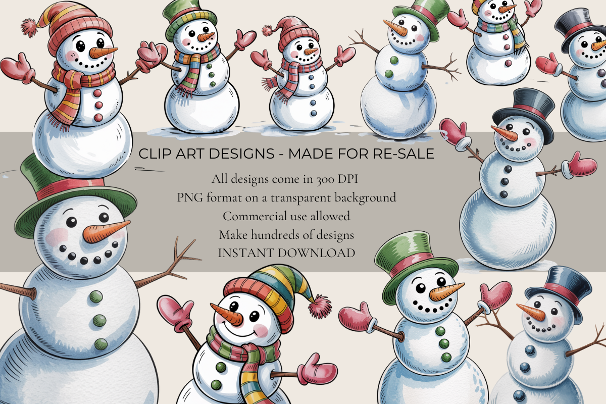 Whimsical Watercolor Snowmen – 50 Clip Art PNGs