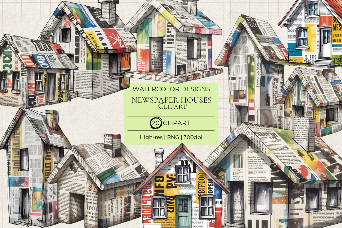 Mixed Media Newspaper Houses – 20 Clip Art PNGs