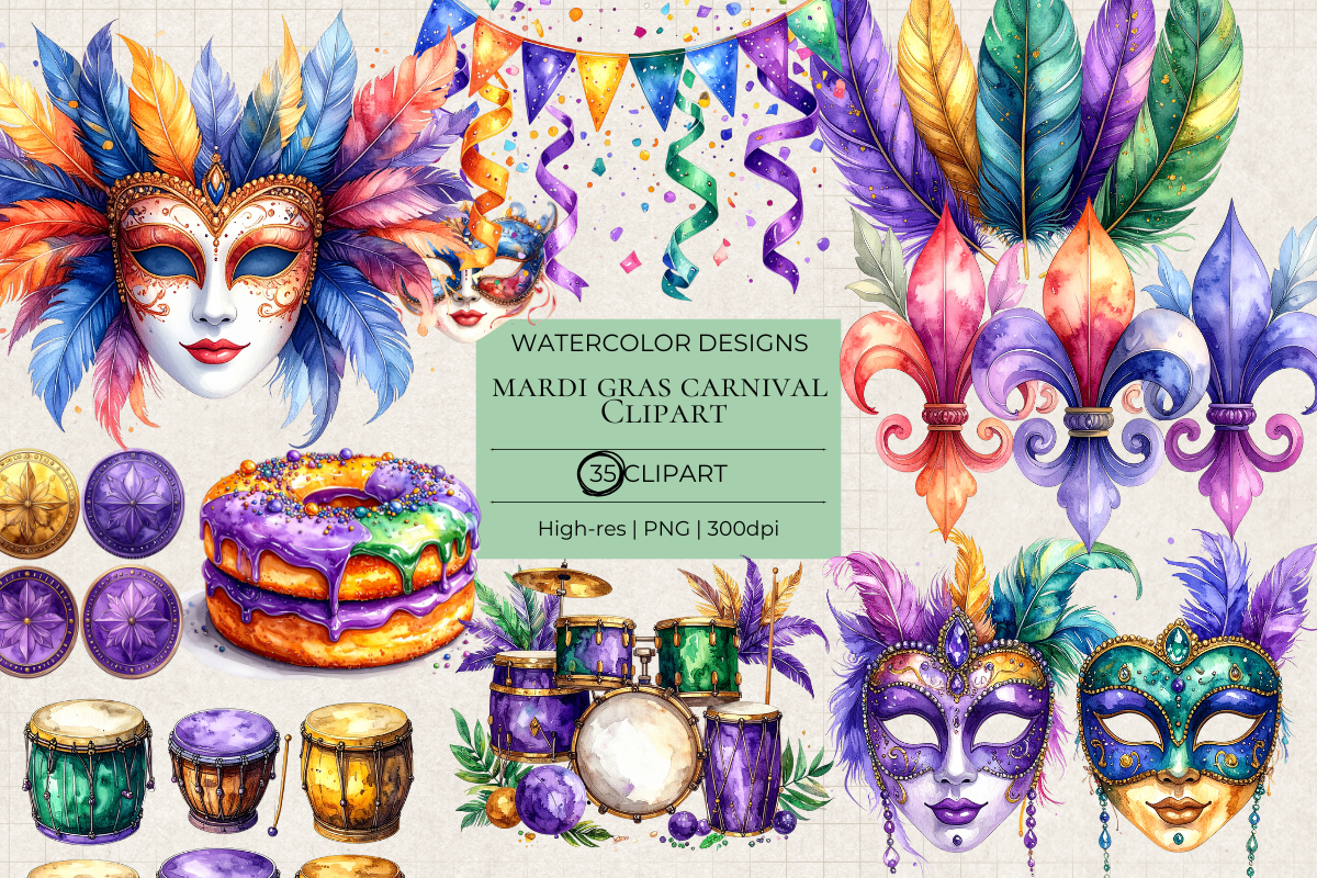 Mardi Gras Carnival – 35 Watercolor Clip Art PNGs