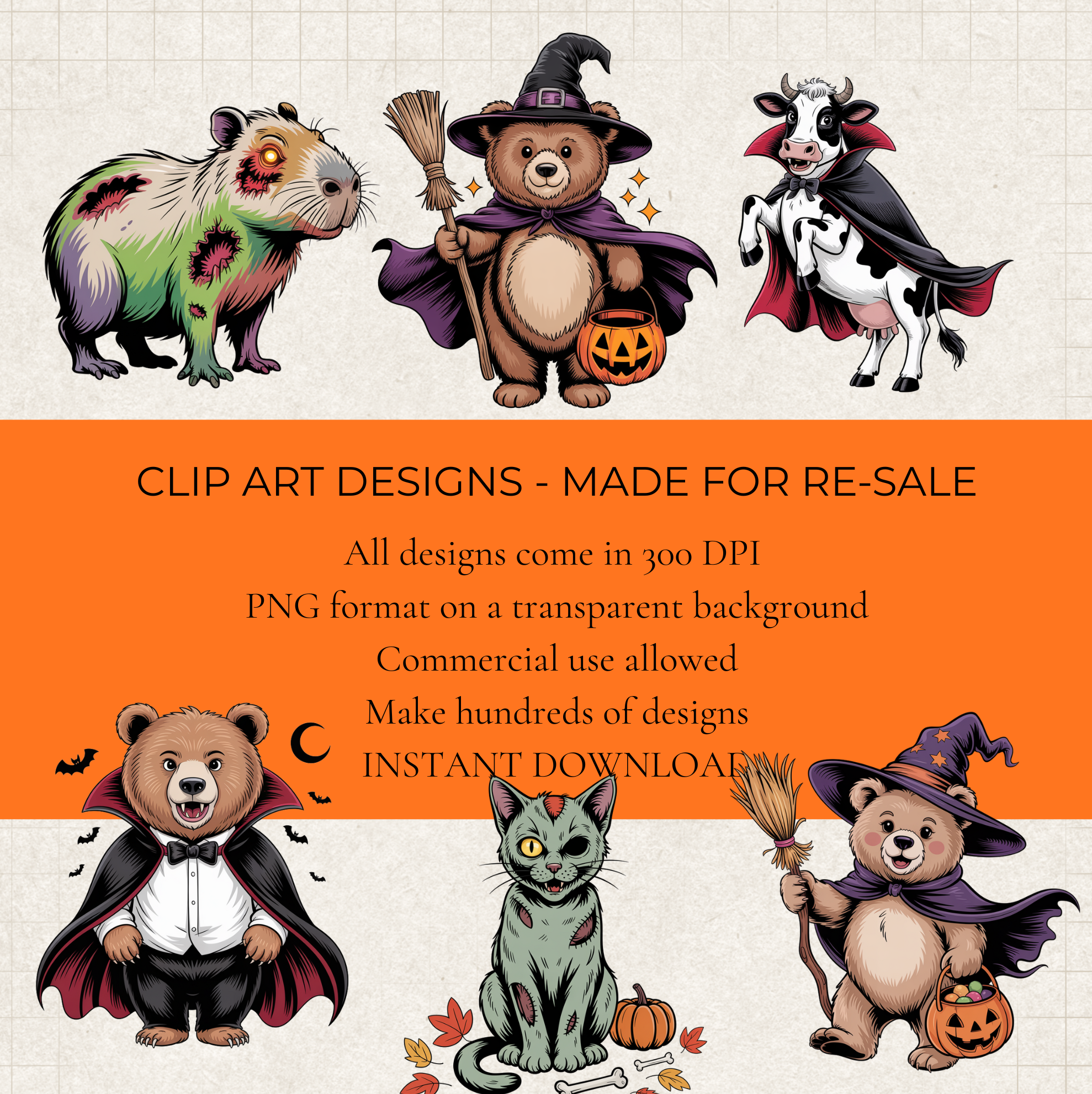 Halloween Animal Clipart Bundle – 30 High-Resolution Transparent PNGs (Commercial Use)