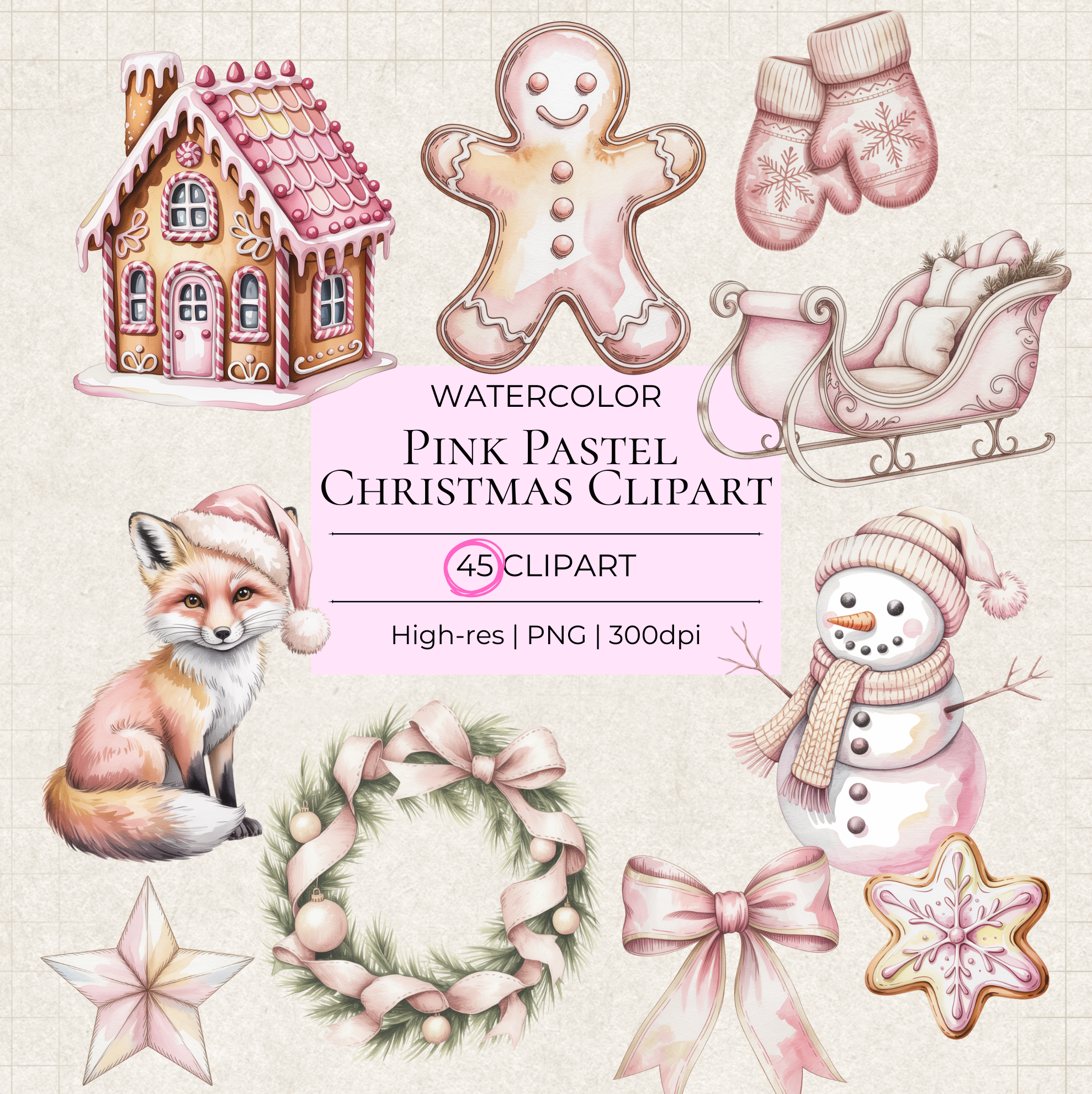 Pink Pastel Christmas Clipart Bundle – 45 High-Resolution Transparent PNGs (Commercial Use)
