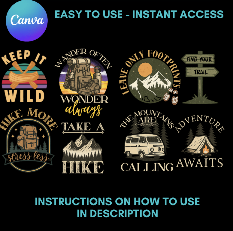 20 Editable Canva T-Shirt Template Bundle - Hiking, Camping & Outdoor Edition