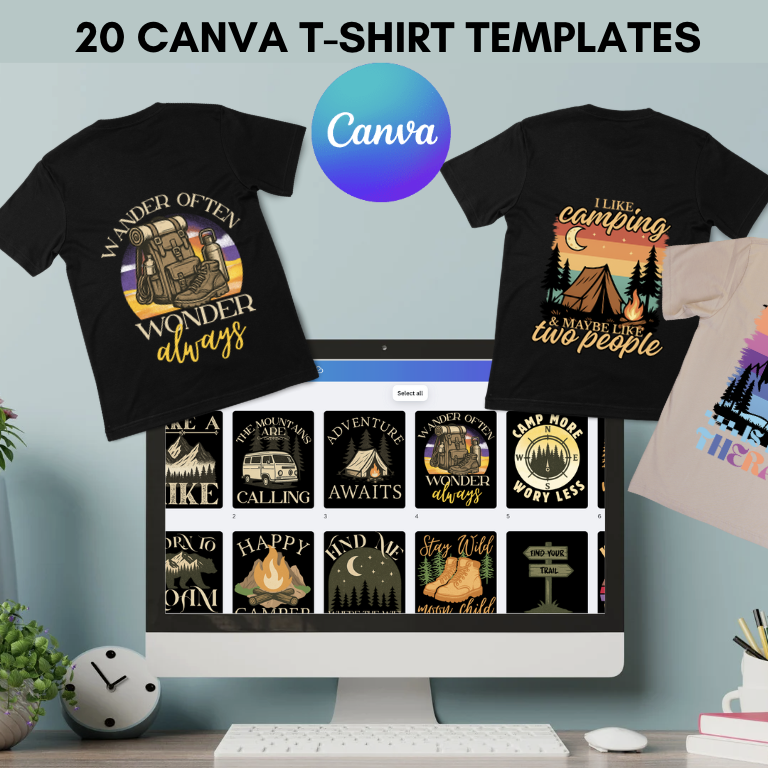 20 Editable Canva T-Shirt Template Bundle - Hiking, Camping & Outdoor Edition
