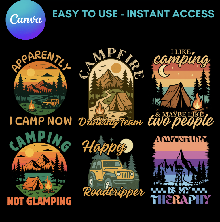 20 Editable Canva T-Shirt Template Bundle - Hiking, Camping & Outdoor Edition