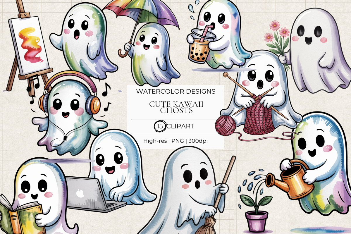 Cute Kawaii Ghosts – 15 Clip Art PNGs
