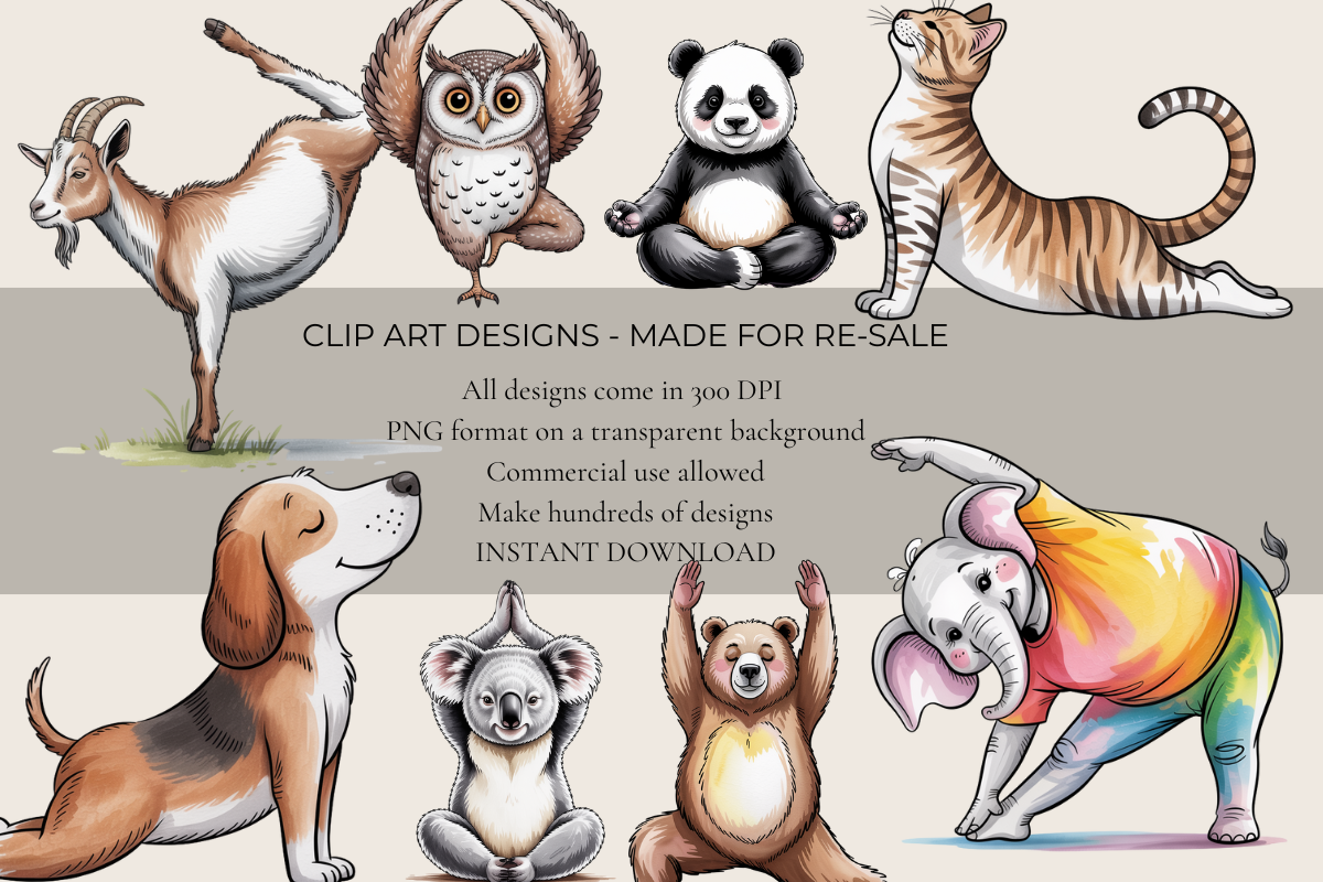 Yoga Animals – 15 Watercolor Clip Art PNGs