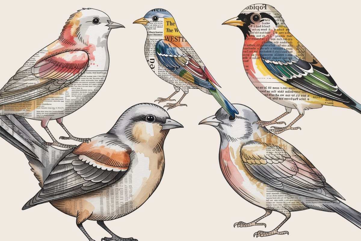 Mixed Media Newspaper Birds – 20 Clip Art PNGs