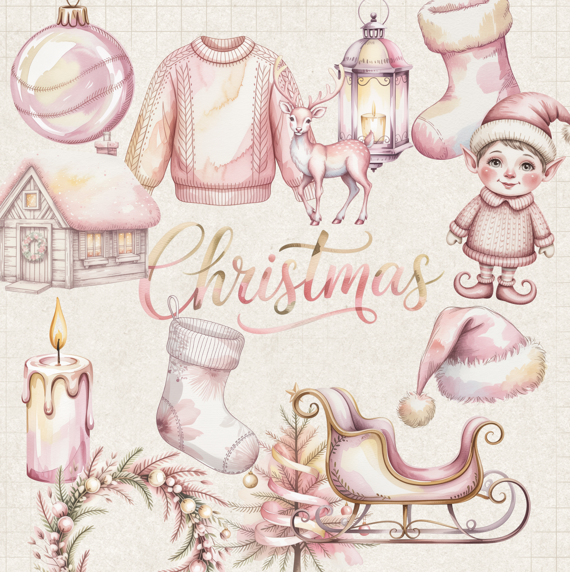 Pink Pastel Christmas Clipart Bundle – 45 High-Resolution Transparent PNGs (Commercial Use)