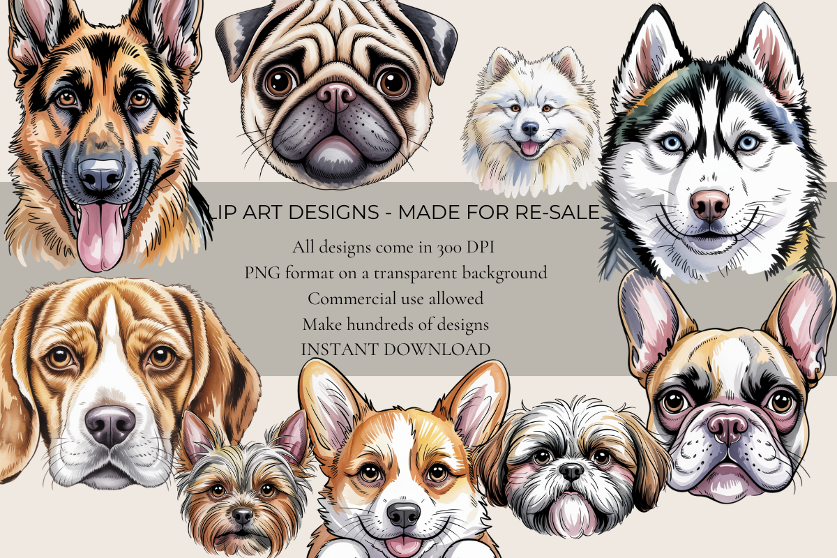 Watercolor Dog Portraits – 15 Clip Art PNGs