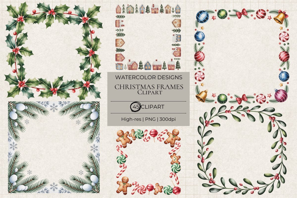 Christmas Frames Clipart Bundle – 45 Festive PNG Frames