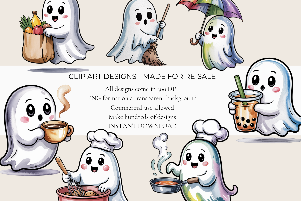 Cute Kawaii Ghosts – 15 Clip Art PNGs