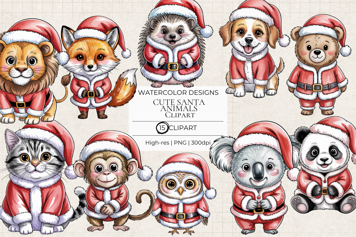 Cute Santa Animals – 15 Clip Art PNGs