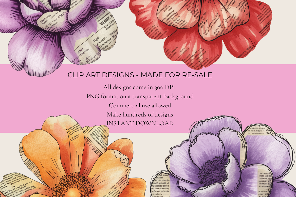 Mixed Media Newspaper Flowers – 20 Clip Art PNGs
