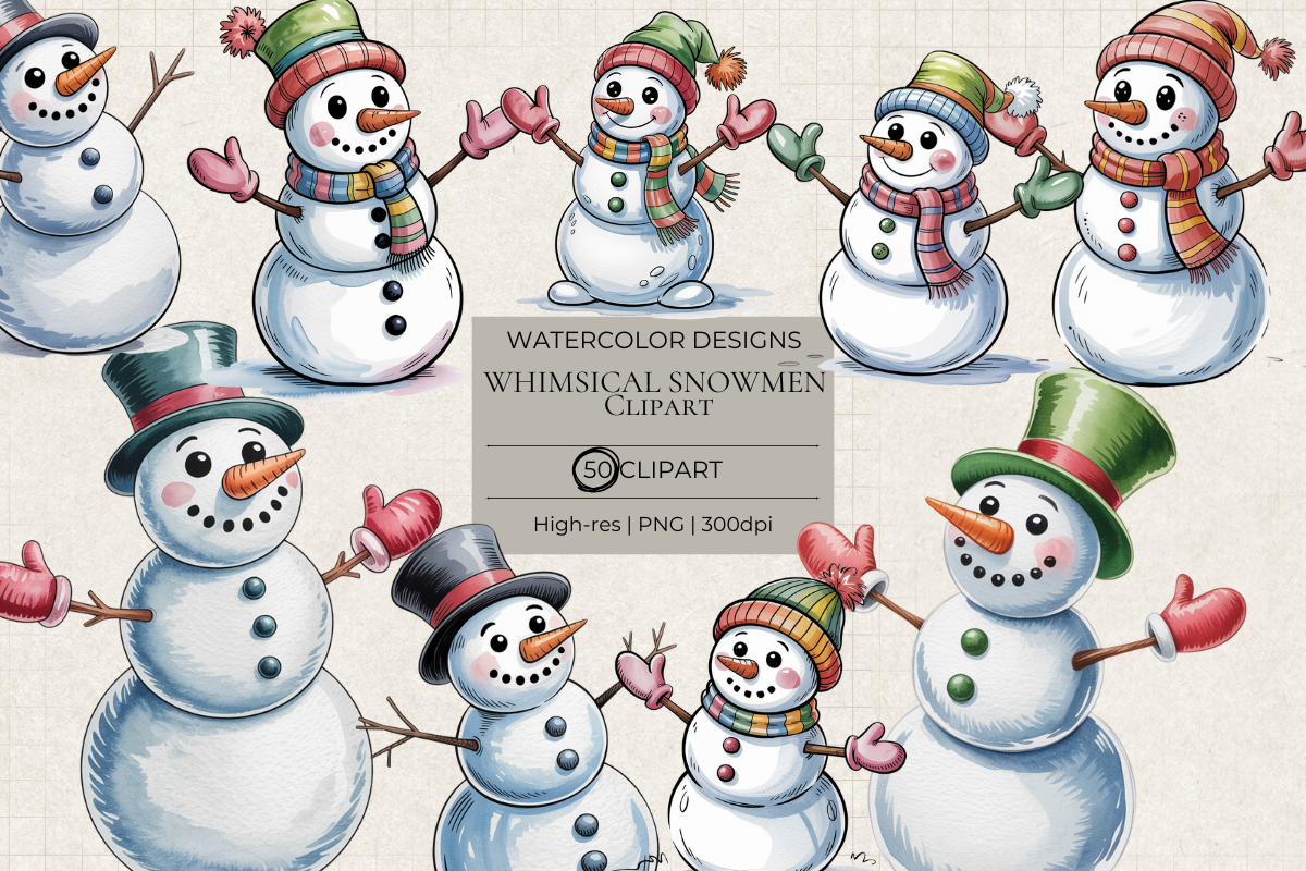 Whimsical Watercolor Snowmen – 50 Clip Art PNGs