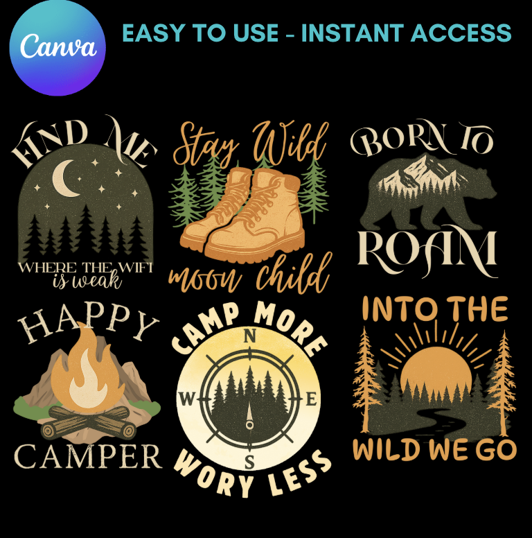 20 Editable Canva T-Shirt Template Bundle - Hiking, Camping & Outdoor Edition
