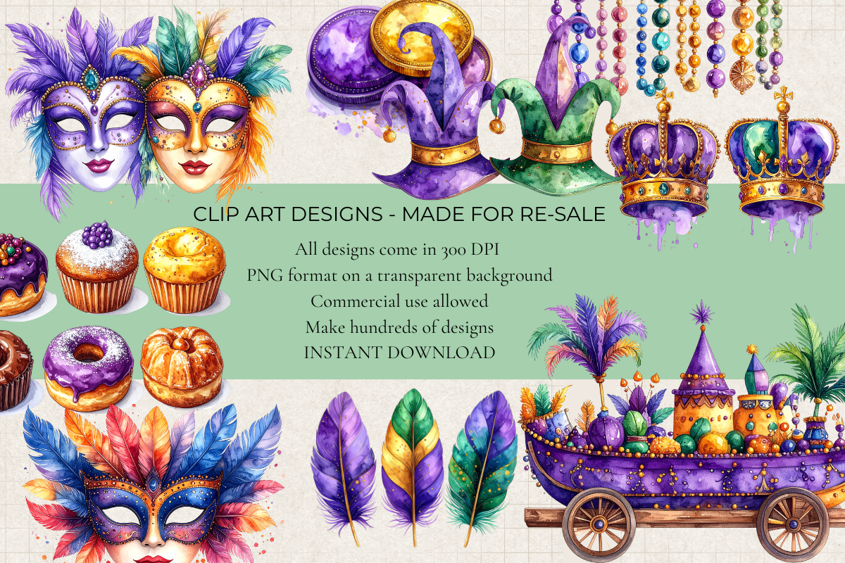Mardi Gras Carnival – 35 Watercolor Clip Art PNGs
