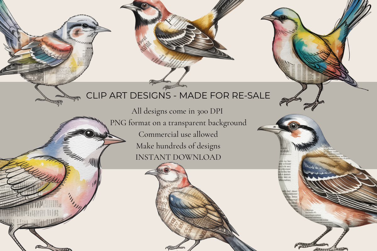 Mixed Media Newspaper Birds – 20 Clip Art PNGs