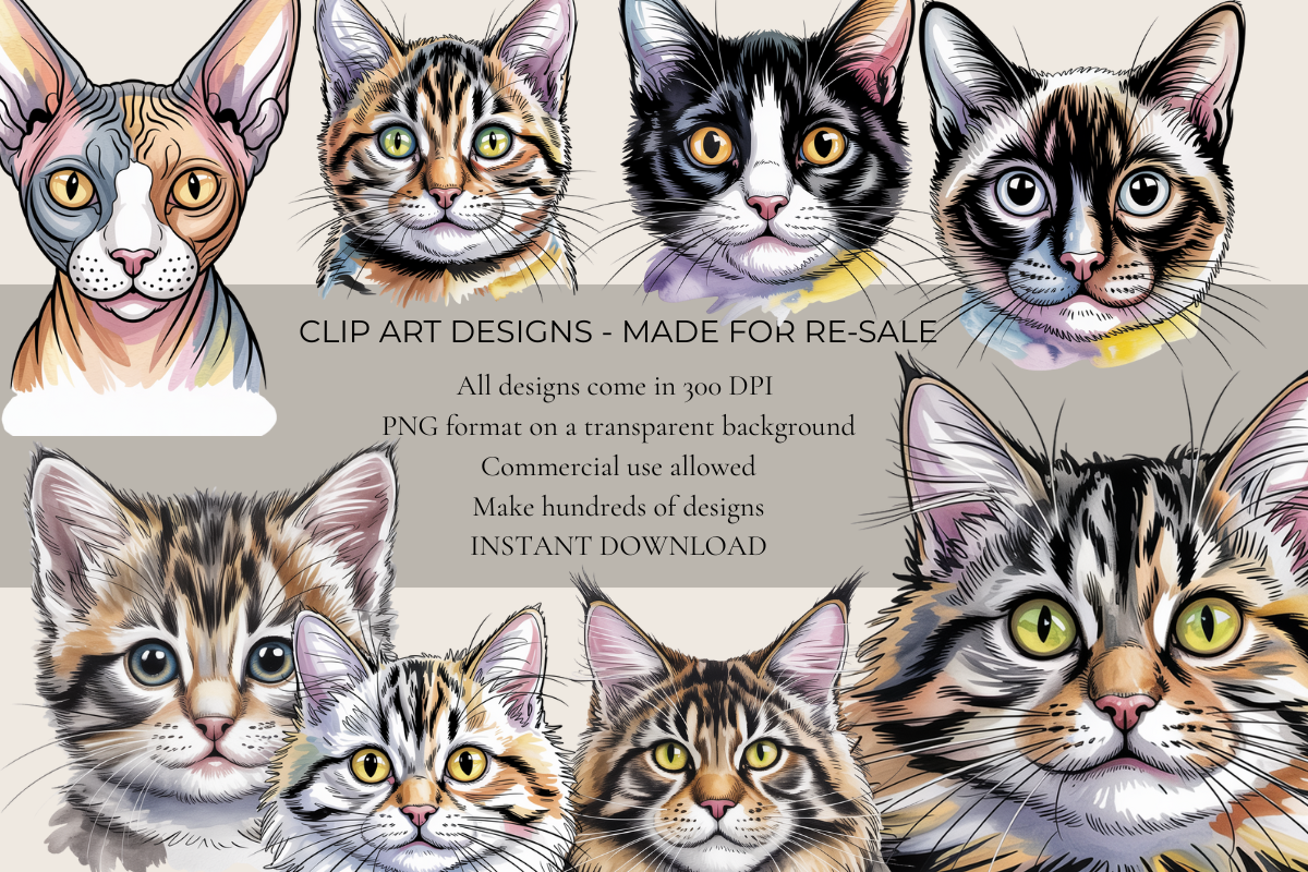 Watercolor Cat Portraits – 15 Clip Art PNGs