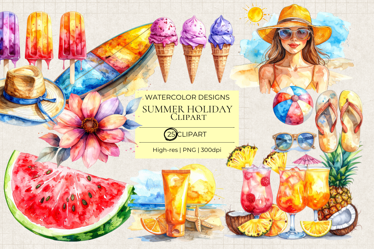 Summer Holiday – 25 Watercolor Clip Art PNGs