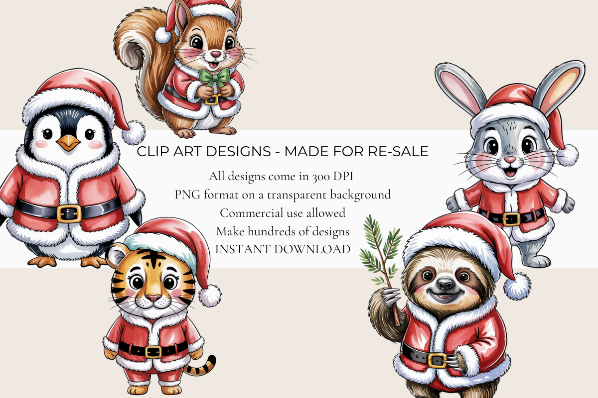 Cute Santa Animals – 15 Clip Art PNGs