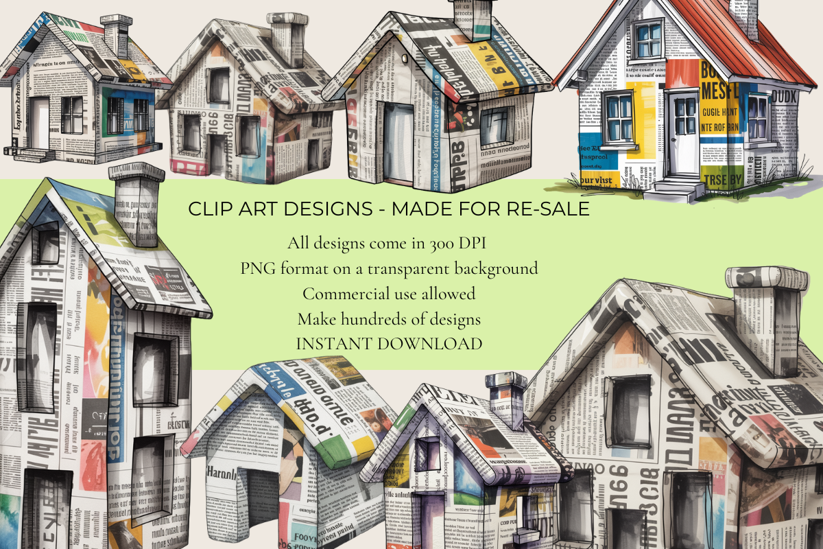 Mixed Media Newspaper Houses – 20 Clip Art PNGs