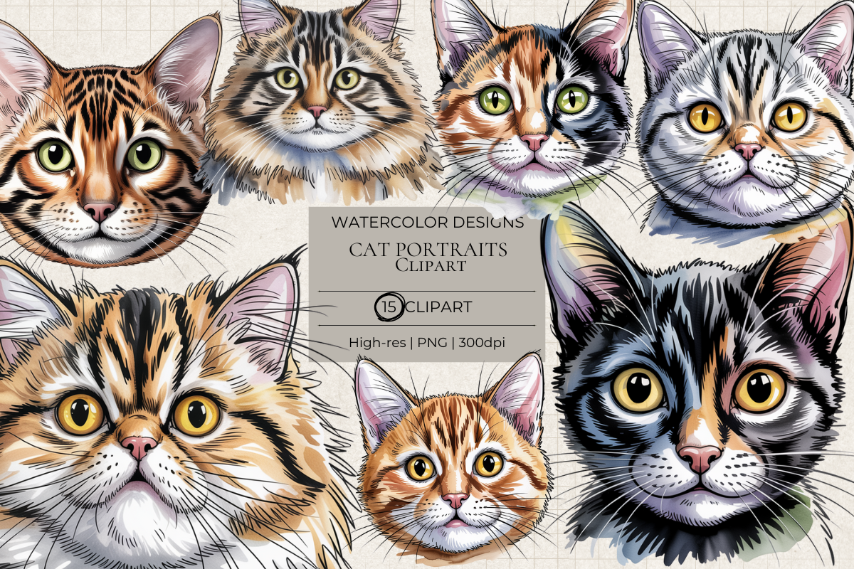 Watercolor Cat Portraits – 15 Clip Art PNGs