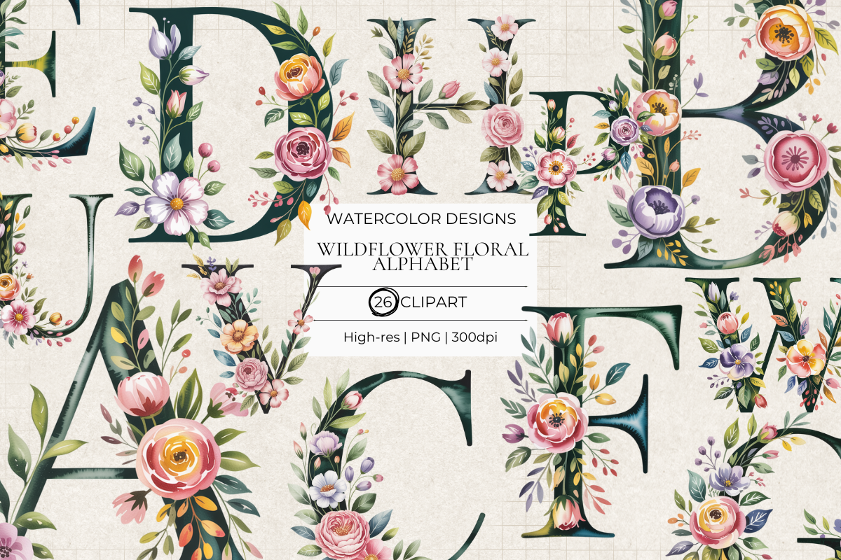 Wildflower Alphabet – 26 Clip Art PNGs (A–Z)