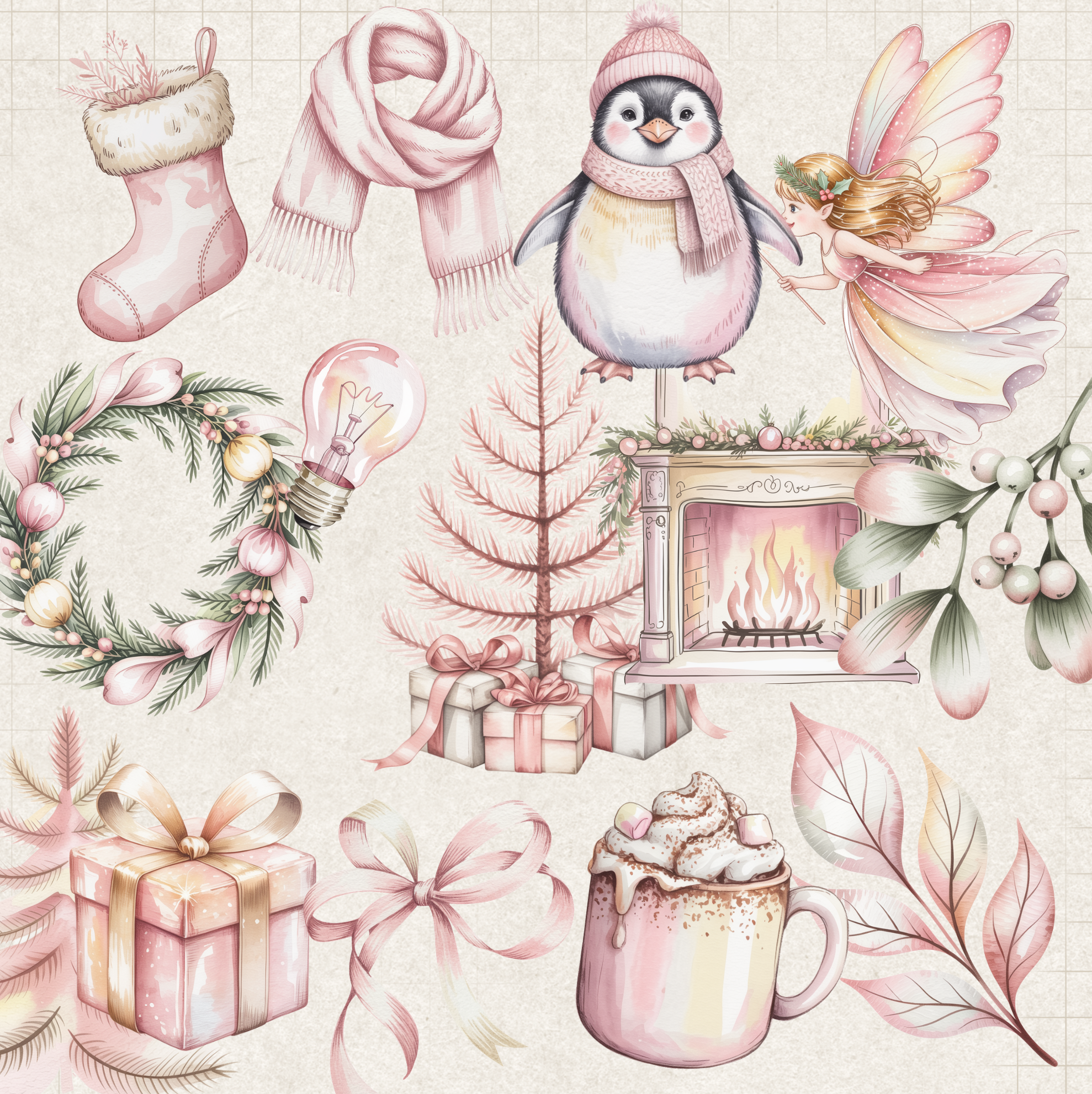 Pink Pastel Christmas Clipart Bundle – 45 High-Resolution Transparent PNGs (Commercial Use)